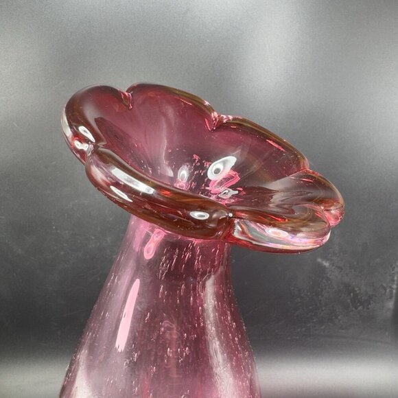 Large Art Glass Vase Vessel Pink Flower Shape Vas With Air Bubbles All Over Vase - Picture 13 of 16
